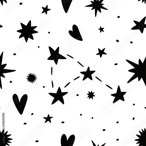 Black stars and constellation seamless vector hand drawing pattern. Doodles print isolated on white background