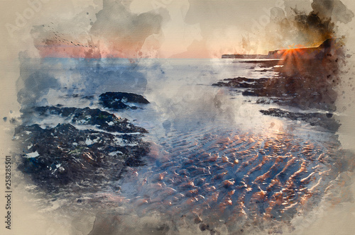 Watercolour painting of Long exposure landscape rocky shoreline at sunset