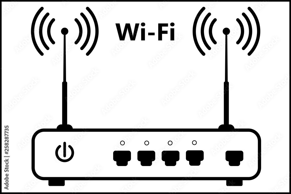 Wireless router vector icon with 4 connectors LAN, 1 connector WAN and 2 antennas. Black on white background. Vector illustration. Wireless router vector icon with 4 connectors LAN, 1 connector WAN and 2 antennas. Black on white background. Vector illustration.
