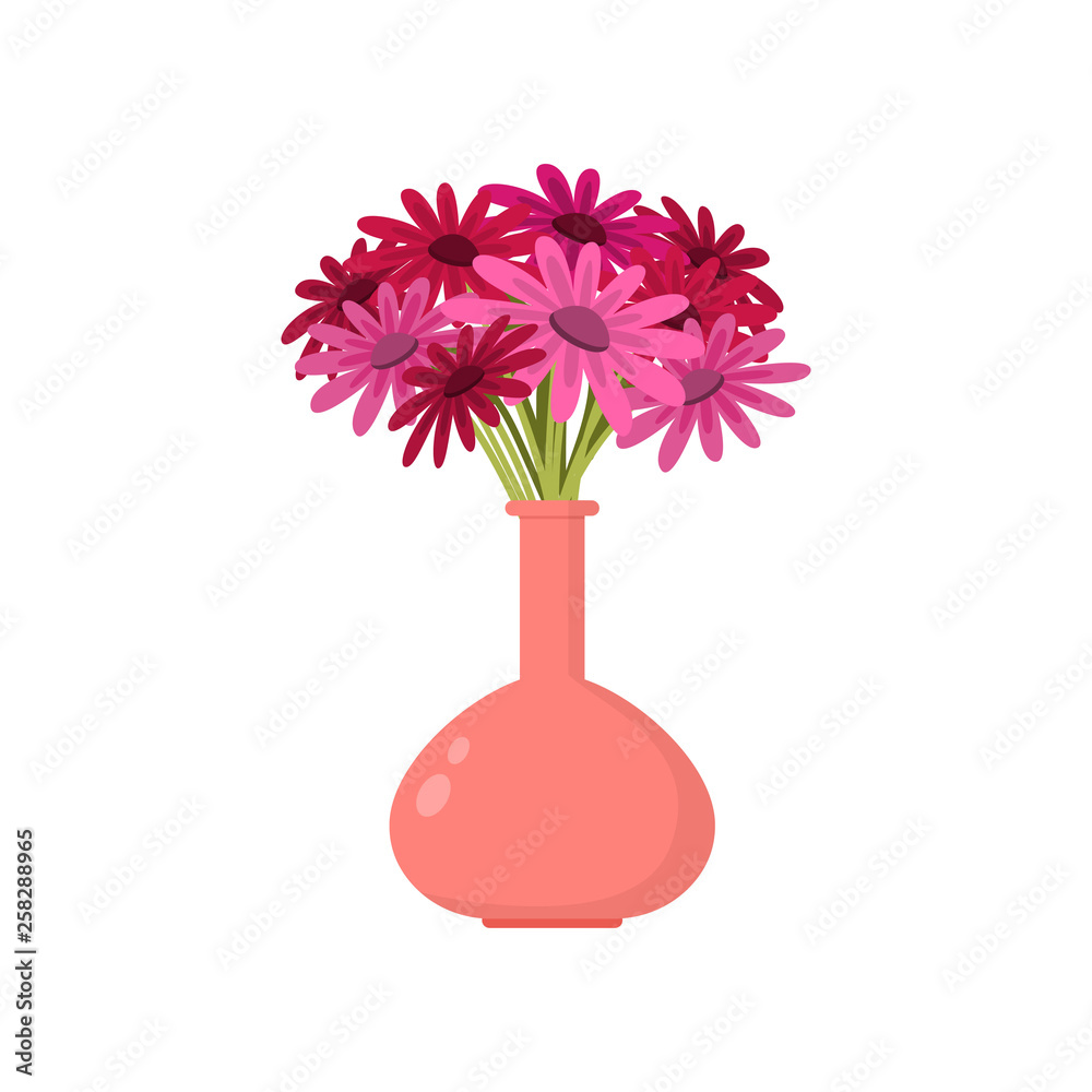 Beautiful pink red flowers bouquet in bulb-shaped vase over white Beautiful pink red flowers bouquet in bulb-shaped vase over white