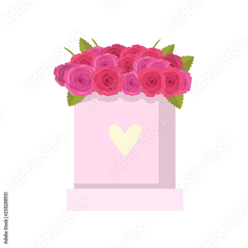 Beautiful bouquet roses in different shades of pink in dainty cardboard box over white