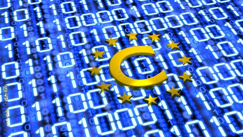 EU Copyright sumbol on blue digital glowing floor