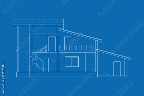 Architectural modern background. Cross-section suburban house. Vector blueprint.