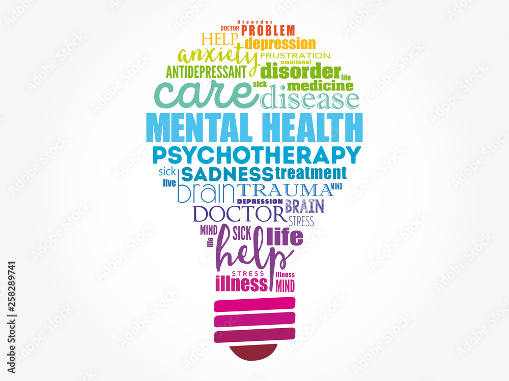 Mental health bulb word cloud, health concept background Mental health bulb word cloud, health concept background