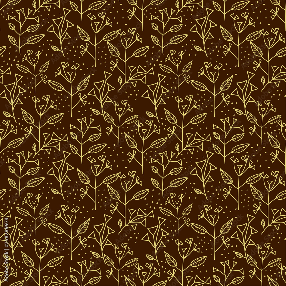 Floral ornament and light brown geometric figures on a dark brown color Floral ornament and light brown geometric figures on a dark brown color