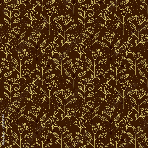 Floral ornament and light brown geometric figures on a dark brown color