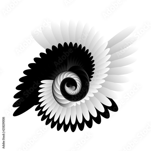 Surrealism. Psychology and philosophy  a sample for printing. Black and white fractal background. Escher style. Images in the style of optical visual illusions - op art.