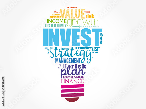 Invest light bulb word cloud, business concept background
