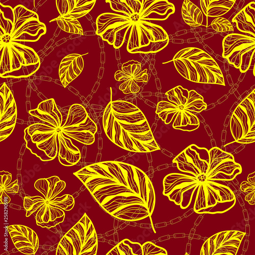 a dark red background with drawings of flowers and golden chains