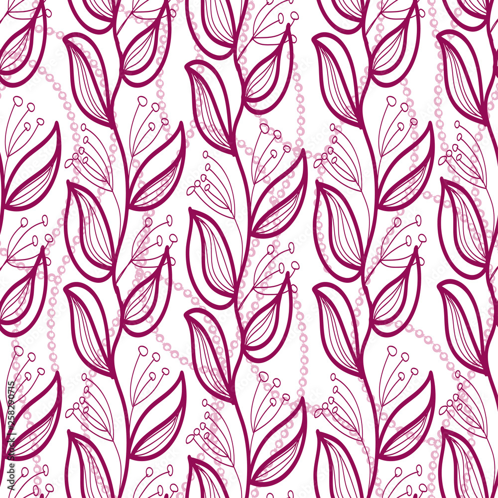 branches with leaves and violet flowers drawn on a white color
