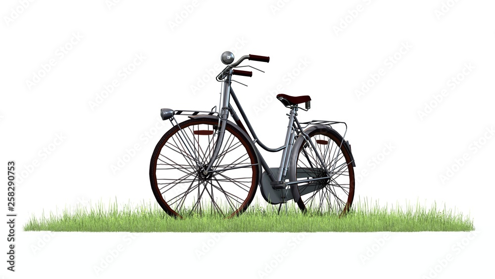 bicycle in green grass - separated on white background