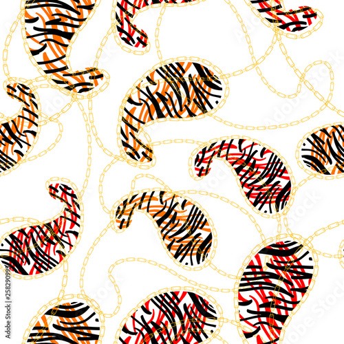abstract zebra texture with golden chains on a white background