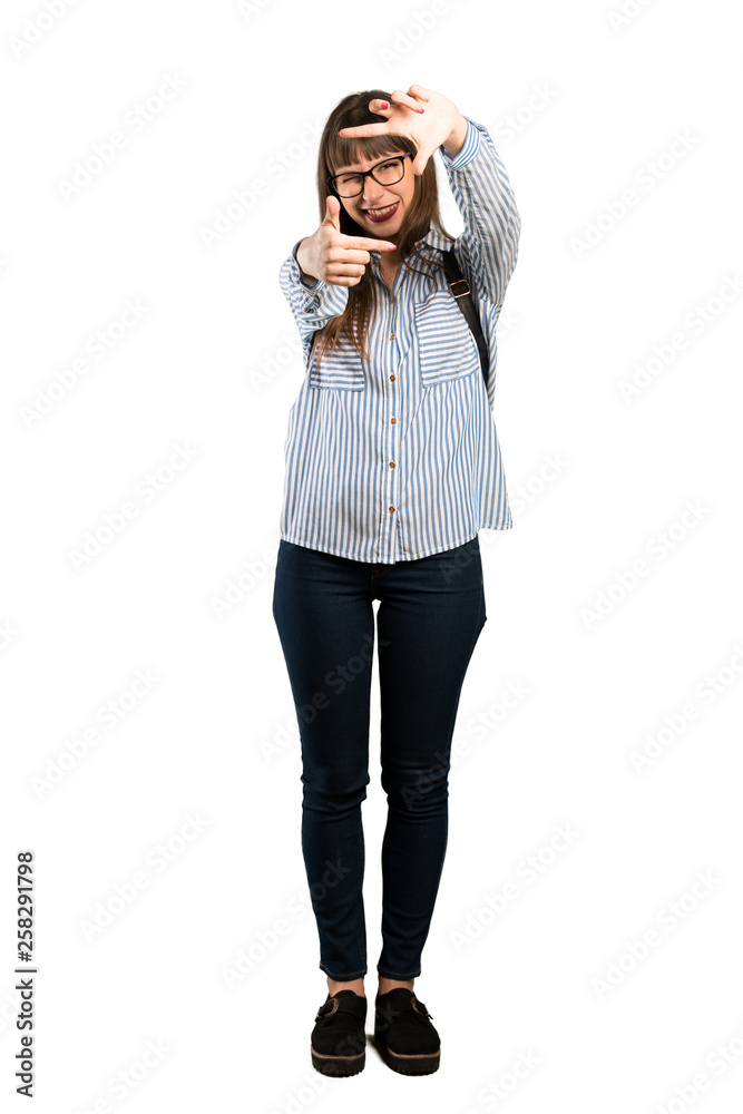 Full-length shot of Woman with glasses focusing face. Framing symbol Full-length shot of Woman with glasses focusing face. Framing symbol