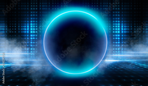 Empty Dark Futuristic Sci Fi Big Hall Room With Lights And Circle Shaped Neon Light. Dark neon background  empty stage  abstract dark background. Neon circle  reflection