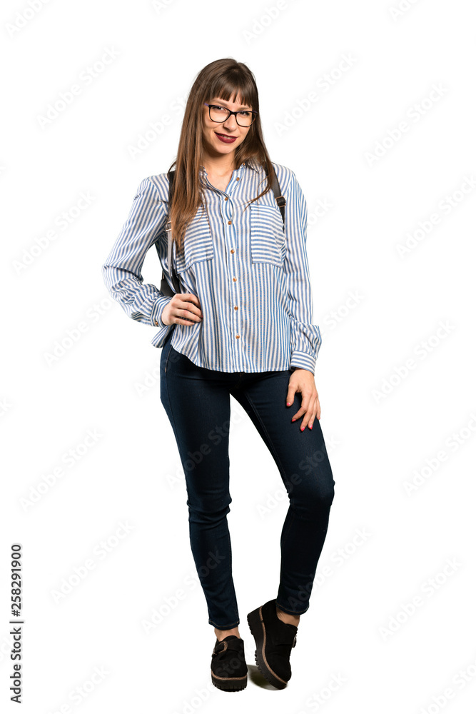 Full-length shot of Woman with glasses smiling Full-length shot of Woman with glasses smiling