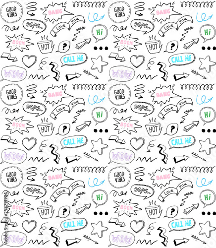 Doodle style seamless pattern with speech bubbles and comic style elements, hand drawn illustration