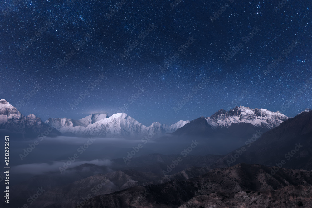 Beautiful panoramic view of the night sky over the Annapurna mountain range in the Upper Mustang, Nepal.