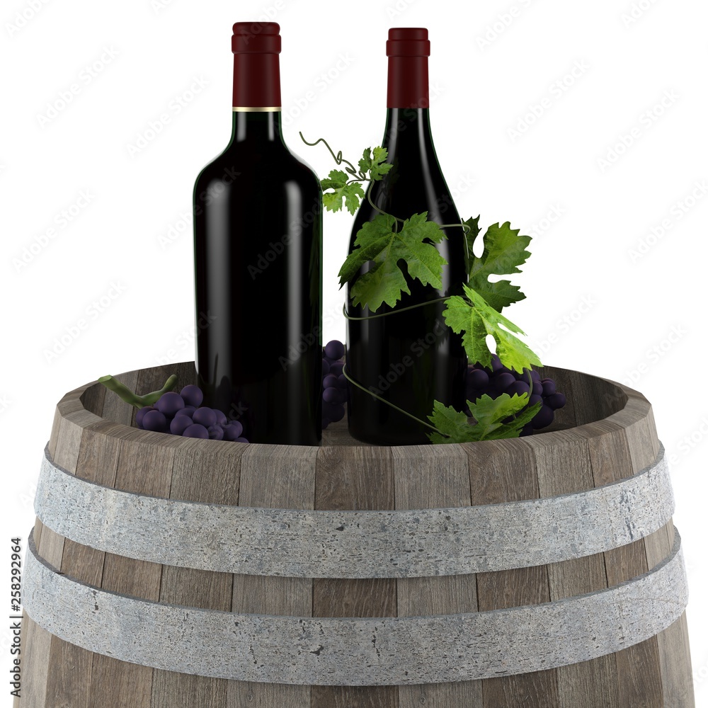 bouteilles de vin posées sur un tonneau en bois
