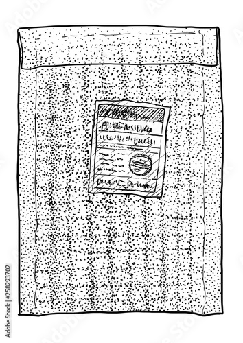 Padded envelope illustration, drawing, engraving, ink, line art, vector