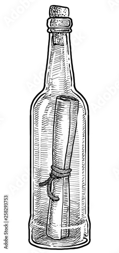 Message in bottle illustration, drawing, engraving, ink, line art, vector