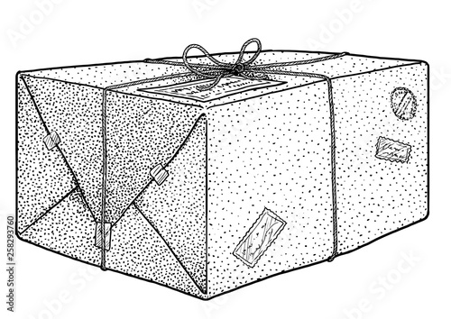 Parcel illustration, drawing, engraving, ink, line art, vector