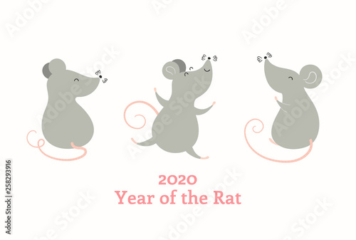 2020 Chinese New Year greeting card with cute rats, text, numbers. Isolated objects on white background. Vector illustration. Flat style design. Concept for holiday banner, decor element.