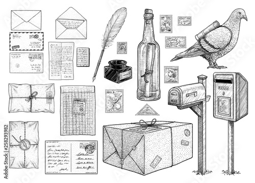 Correspondence equipment collection, illustration, drawing, engraving, ink, line art, vector