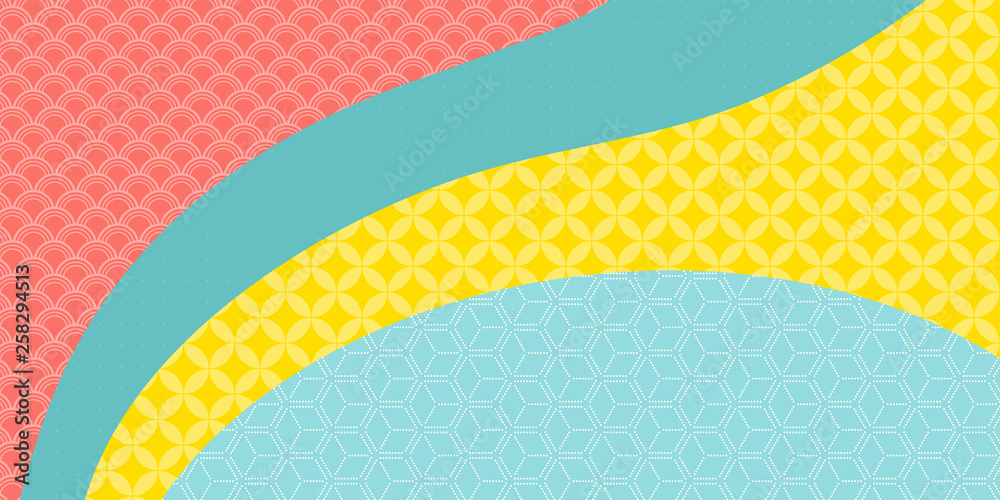 Chinese New Year background with bright traditional eastern patterns, pink, blue, green, yellow. Vector illustration. Flat style design. Concept for holiday banner, decor element, greeting card.