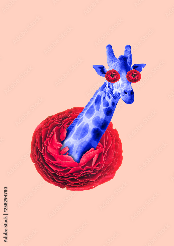 Nature combination - plants and animals in safety. Big red flower with giraffe head in centre. Eyes blossoming. Negative space to insert your image or text. Modern design. Contemporary art collage. - obrazy, fototapety, plakaty 