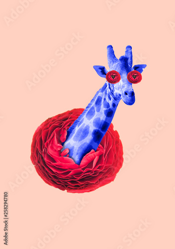Nature combination - plants and animals in safety. Big red flower with giraffe head in centre. Eyes blossoming. Negative space to insert your image or text. Modern design. Contemporary art collage.