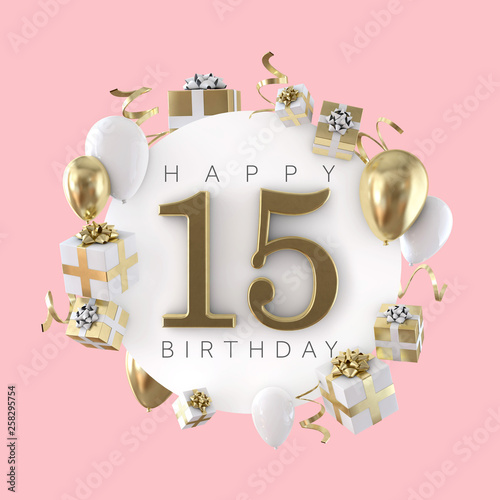 Photography Happy 15th birthday party composition with balloons and presents