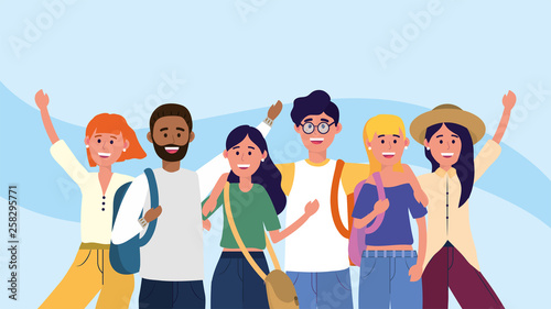 university women and men friends with backpacks