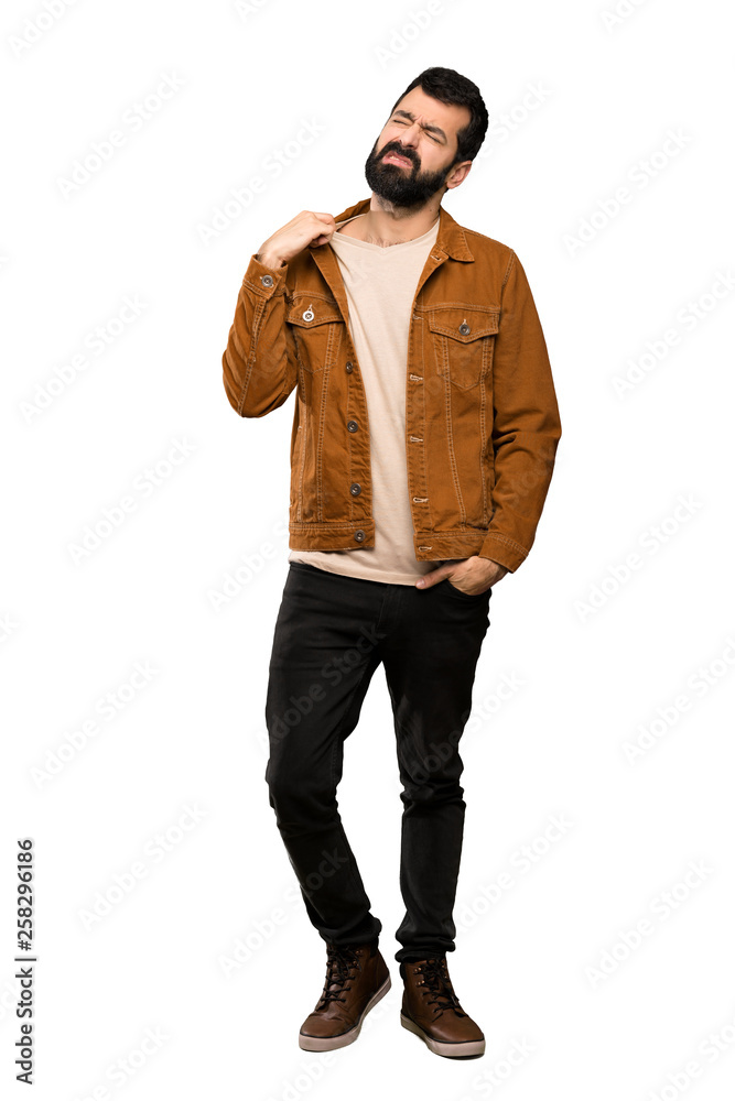 Handsome man with beard with tired and sick expression over isolated white background Handsome man with beard with tired and sick expression over isolated white background