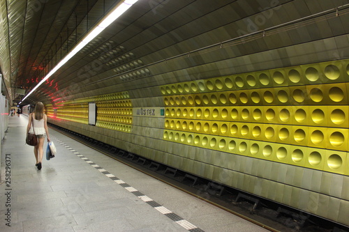 Photography PRAGUE, CZECH REPUBLIC, A metro underground station of Prague Metro with colorfu