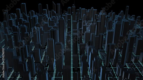 3d render of digital city. Abstract urban background. Skyscrapers town. Urban transportation system.