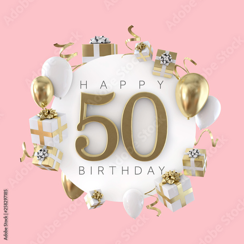 Happy 50th birthday party composition with balloons and presents. 3D Render photo