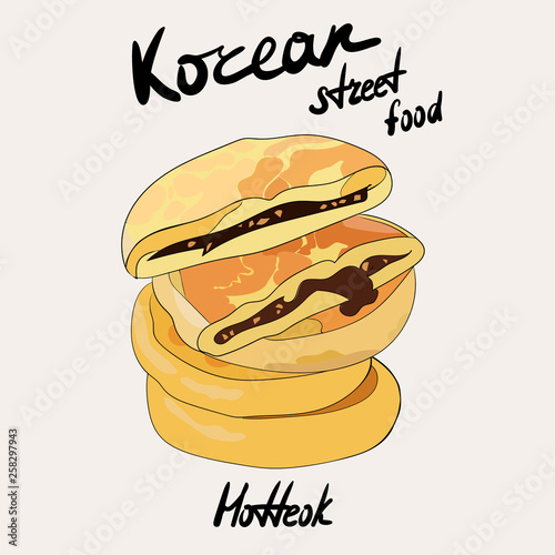 Korean street food dish hotteok. Korean traditional dish. Hot sweet pancake with  brown sugar syrup, honey, chopped peanuts, and cinnamon Vector hand drawn illustration.