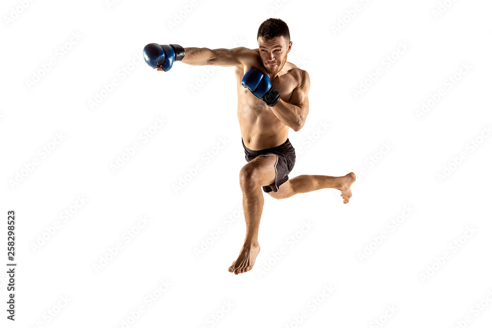 MMA. Professional fighter isolated on white studio background. Sport, competition, excitement and human emotions concept