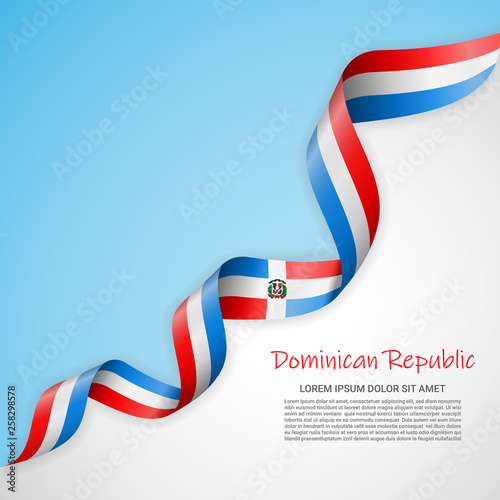 Vector banner in white and blue colors and waving ribbon with flag of Dominicanrepublic. Template for poster design, brochures, printed materials, logos, independence day. National flags