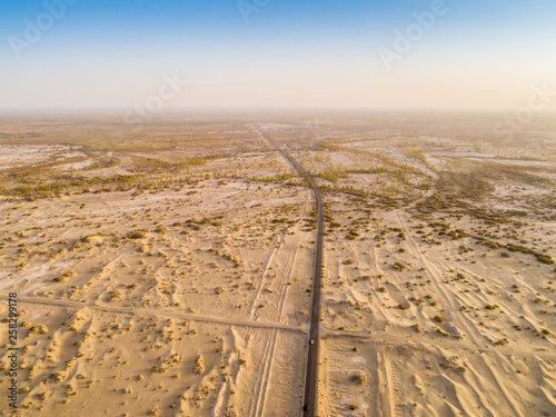 aerial view of highway on the gobi desert xinjiang    