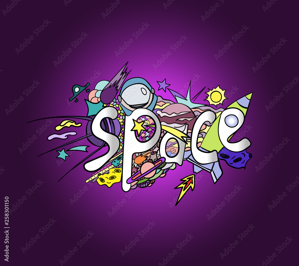 Space doodle. Colorful, cartoon, cute space objects and symbols. Vector hand drawn illustration. Design for the day of cosmonautics.