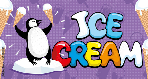 Cheerful penguin with ice cream on a purple background.