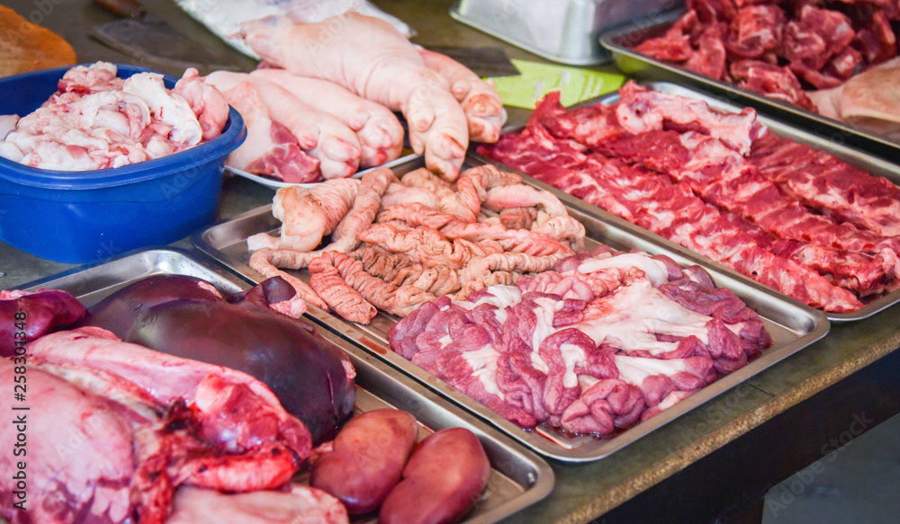 Raw pork for sale in the market