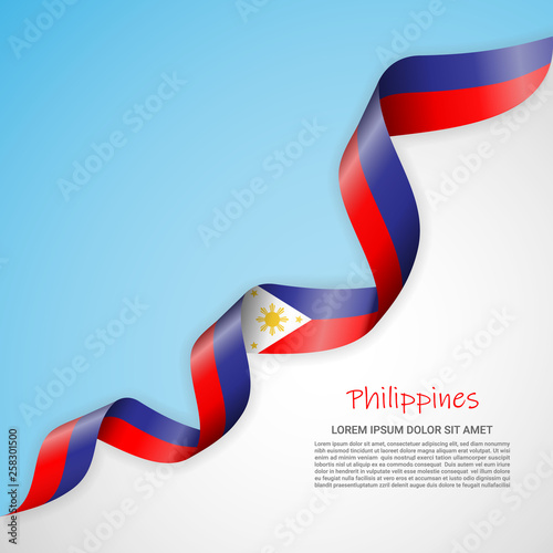 Vector banner in white and blue colors and waving ribbon with flag of Philippines. Template for poster design, brochures, printed materials, logos, independence day. National flags