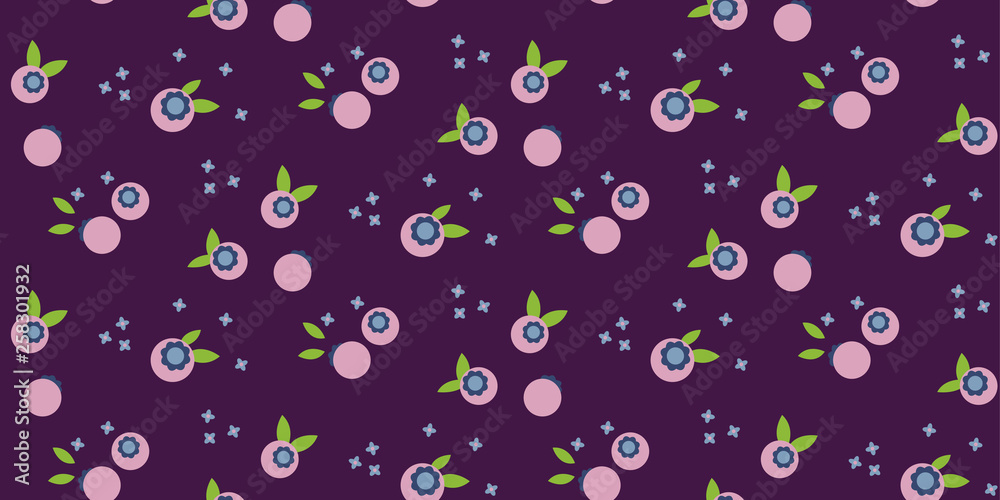 Seamless vector pattern with blueberries on purple background.