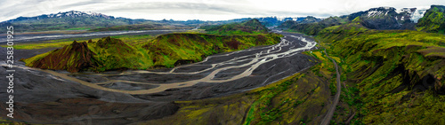 The beautiful unique aerial view landscape of Thorsmork in highland of Iceland. photo