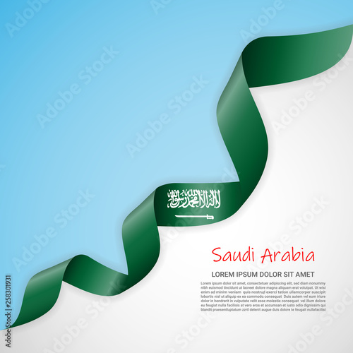 Vector banner in white and blue colors and waving ribbon with flag of Saudi Arabia. Template for poster design, brochures, printed materials, logos, independence day. National flags
