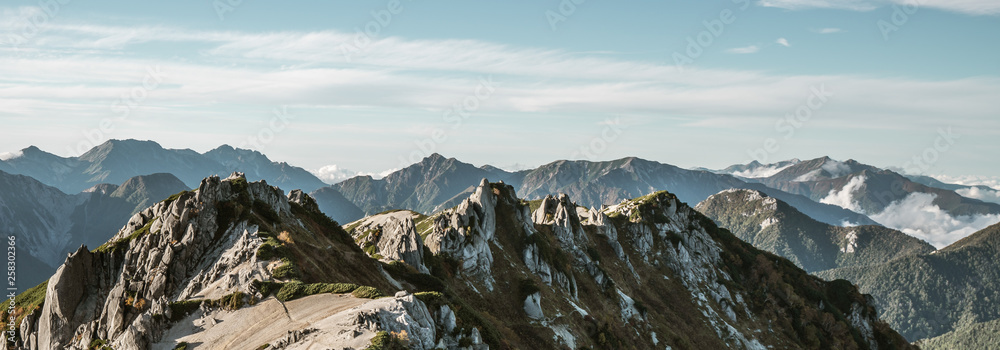 Panoramic mountain scenery landscape of Tsubakuro mountain in Northern Japan Alps in Nagano, Japan. Adventure and mountaineering activity concept. - obrazy, fototapety, plakaty 