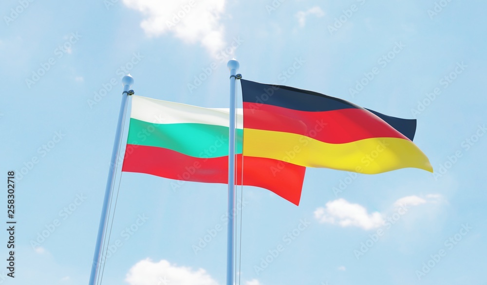 Germany and Bulgaria, two flags waving against blue sky. 3d image Germany and Bulgaria, two flags waving against blue sky. 3d image