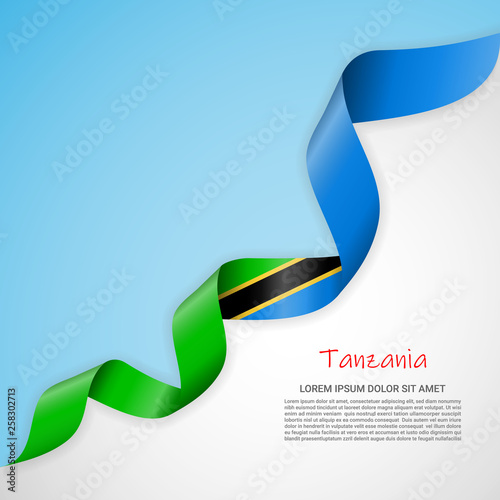 Vector banner in white and blue colors and waving ribbon with flag of Tanzania. Template for poster design, brochures, printed materials, logos, independence day. National flags